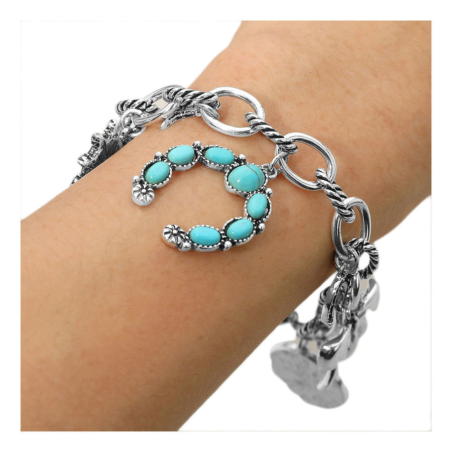 Boho Western Horseshoe Bow Heart Charm Stretch Bracelet