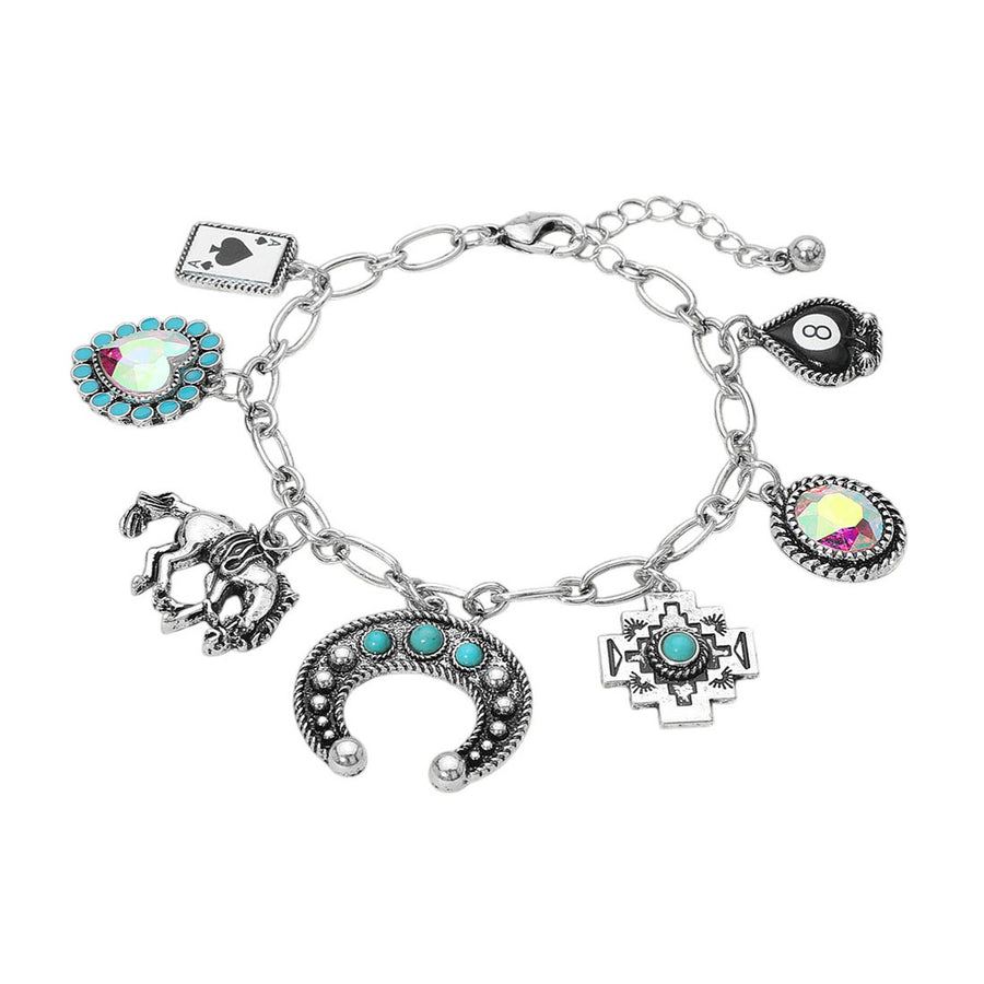 Western Stone Stud Horseshoe Heart Heart Card Charm Bracelet
