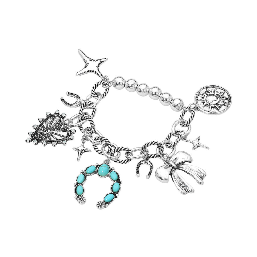 Boho Western Horseshoe Bow Heart Charm Stretch Bracelet