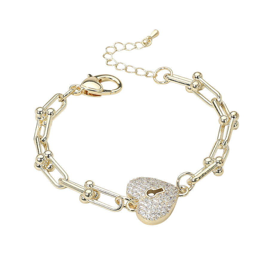 Gold CZ Stone Paved Heart Lock Charm Chain Link Bracelet