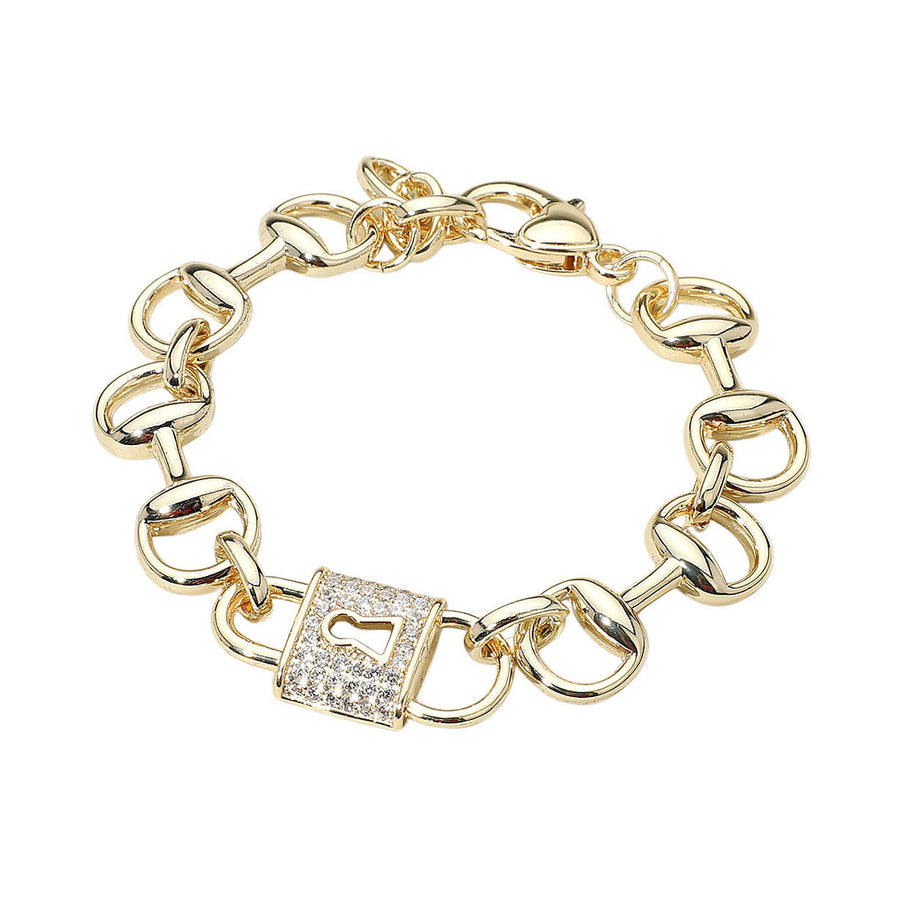 Gold CZ Stone Paved Padlock Chunky Chain Bracelet