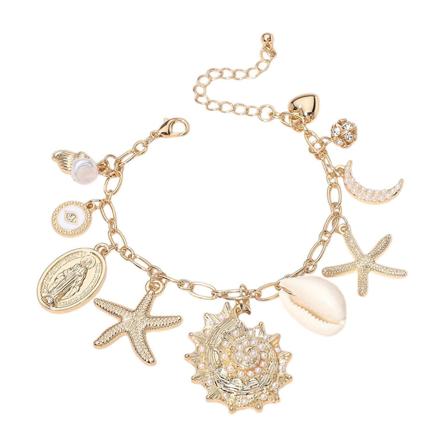 Pearly Pave Shell Crescent Starfish Heart Evil Eye Charm Bracelet