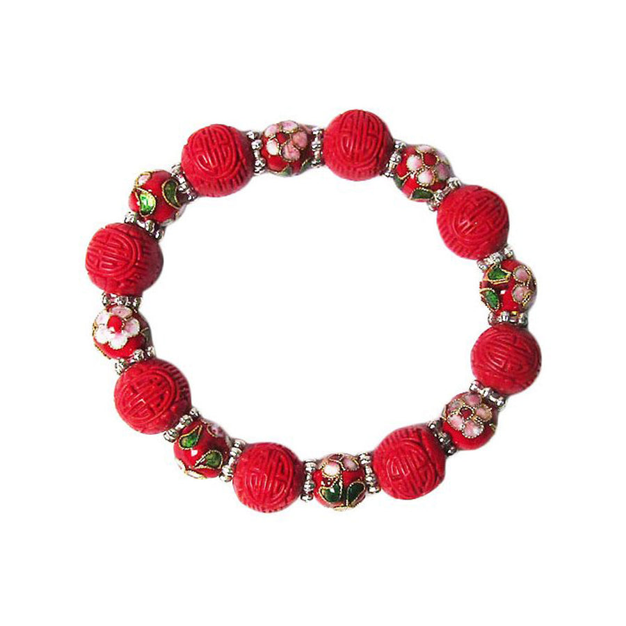 Dramatic Bold Mid Red Cinnabar Cloisonne Beaded Stretchy Bracelet