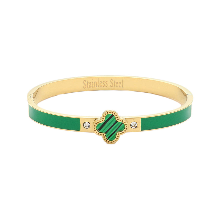 Green Quatrefoil Pointed Stainless Steel Hinged Bracelet
