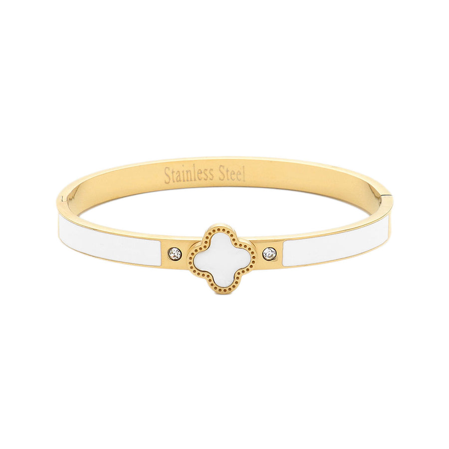 Green Quatrefoil Pointed Stainless Steel Hinged Bracelet