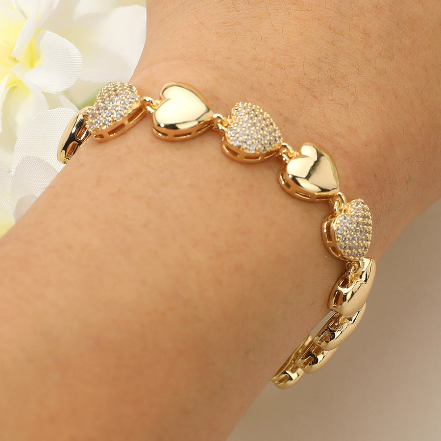 Gold CZ Stone Paved Heart Link Bracelet