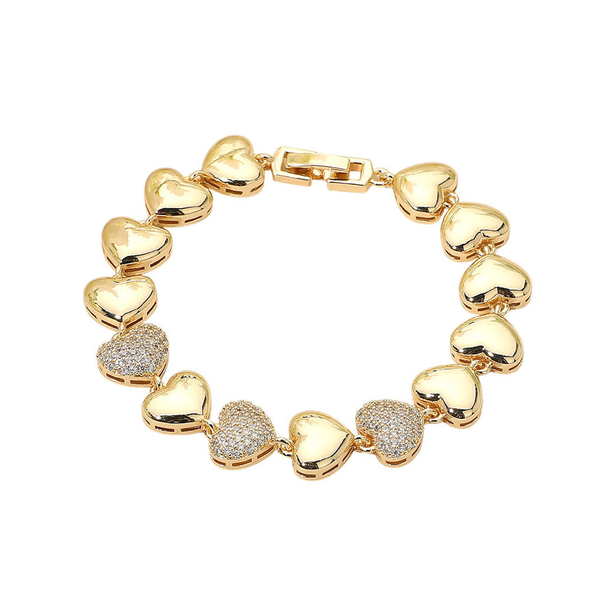 Gold CZ Stone Paved Heart Link Bracelet