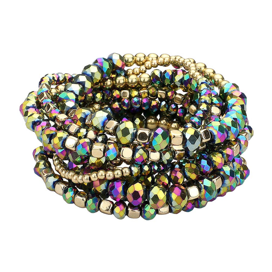 Gorgeous Green Faceted Beads Multi Strand Stretchy Bracelet