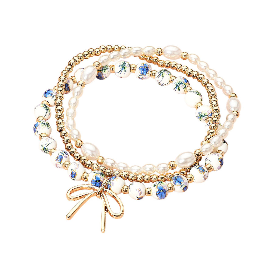 Set Of Three Bow Pearly Floral Ceramic Ball Beaded Stretch Layered Bracelets