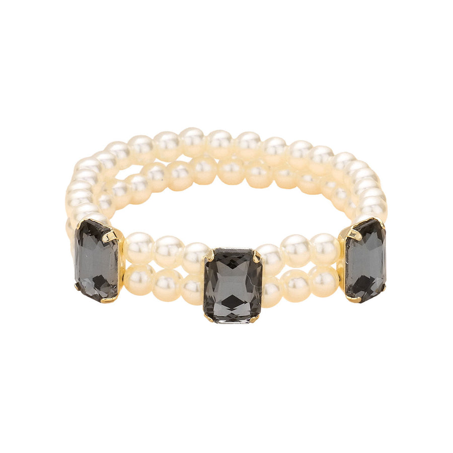 Sapphire Rectangle Stone Pearl Stretch Bracelet