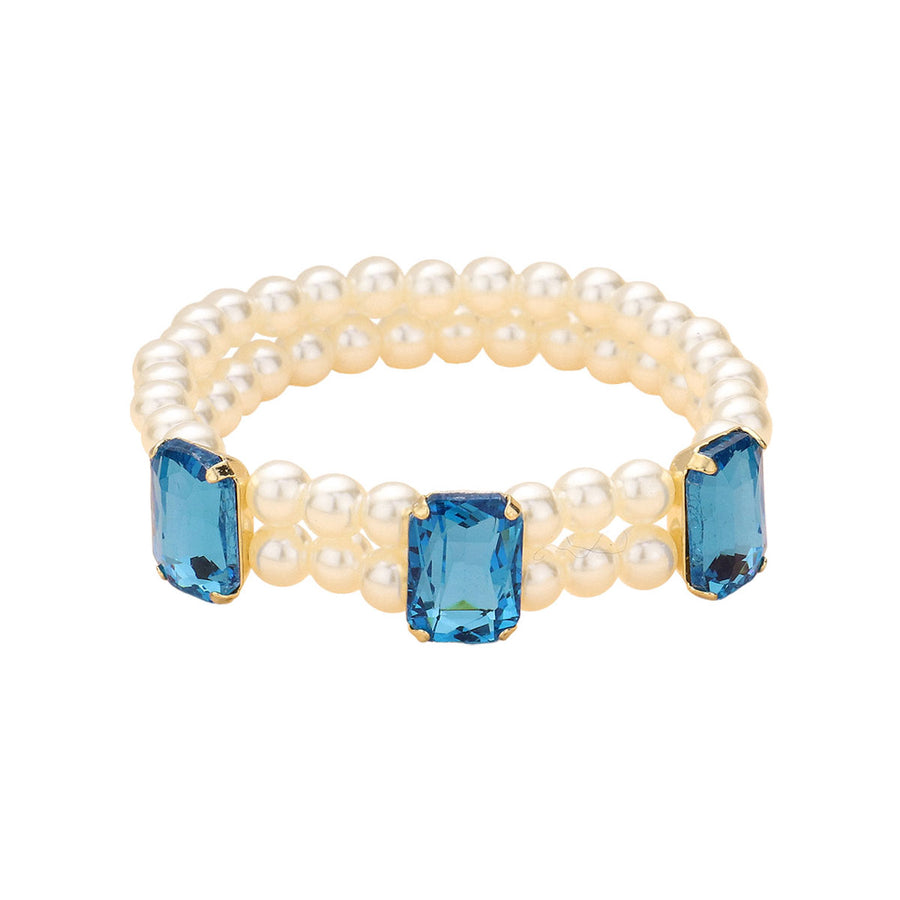 Sapphire Rectangle Stone Pearl Stretch Bracelet