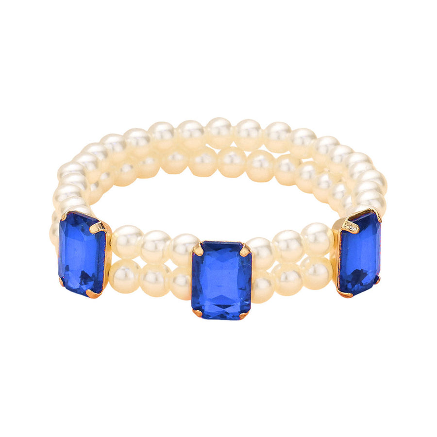 Sapphire Rectangle Stone Pearl Stretch Bracelet