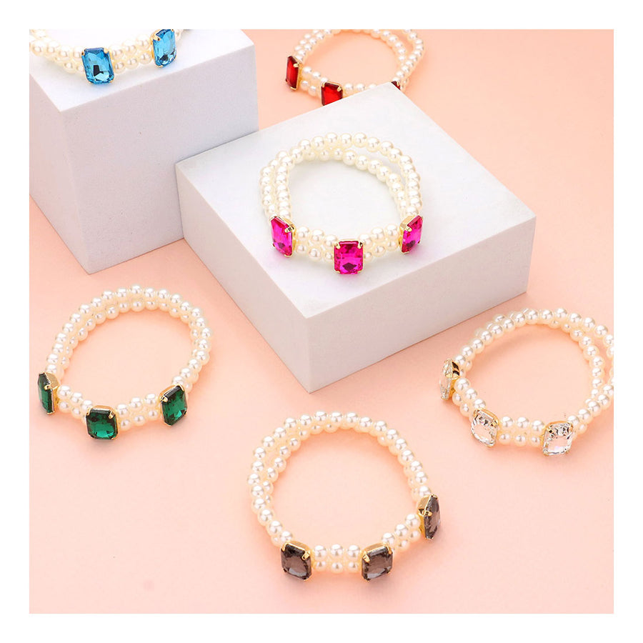 Sapphire Rectangle Stone Pearl Stretch Bracelet