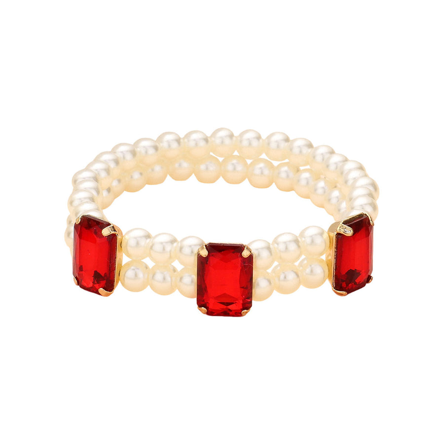 Sapphire Rectangle Stone Pearl Stretch Bracelet