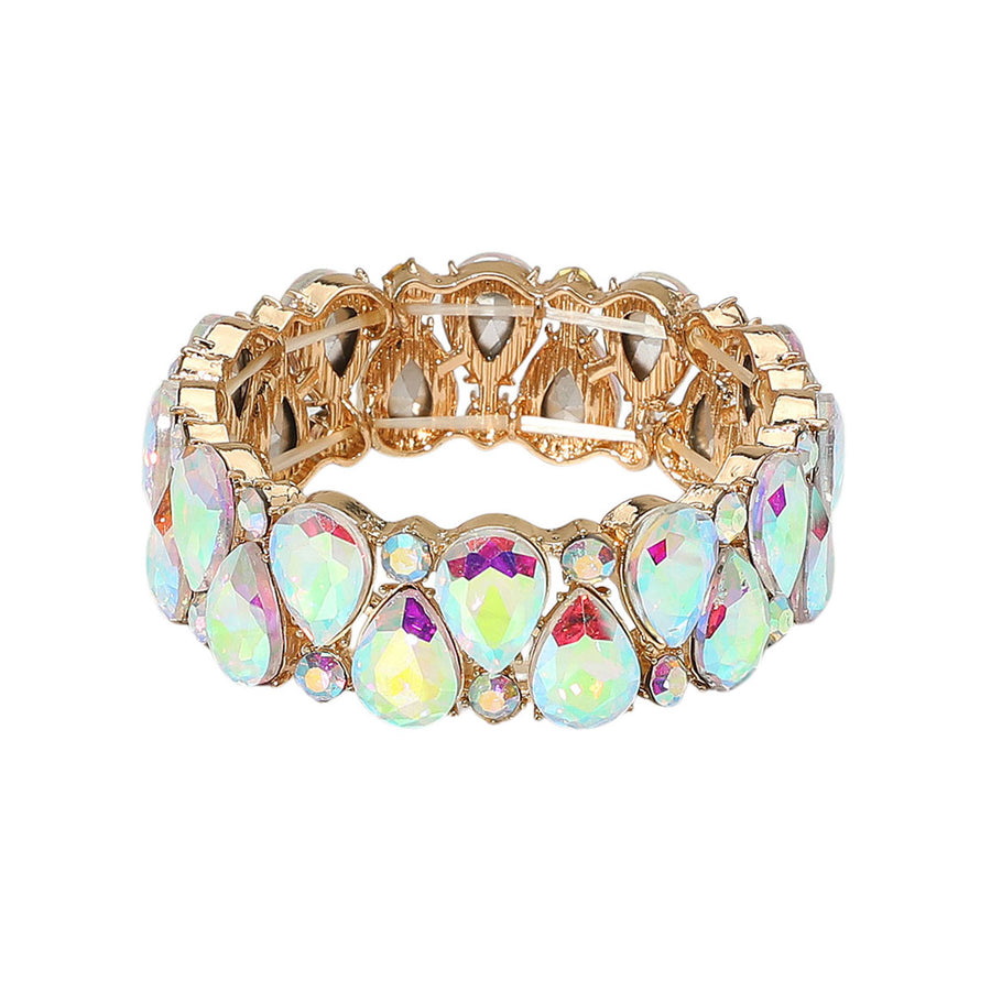 Pink Green Teardrop Stone Cluster Beaded Stretch Bracelet