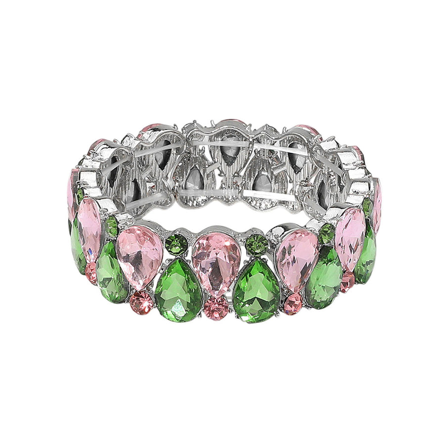 Pink Green Teardrop Stone Cluster Beaded Stretch Bracelet