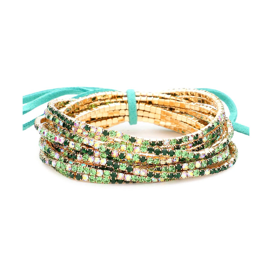 Multi Turquoise Rhinestone Ribbon Layered Stretch Bracelets