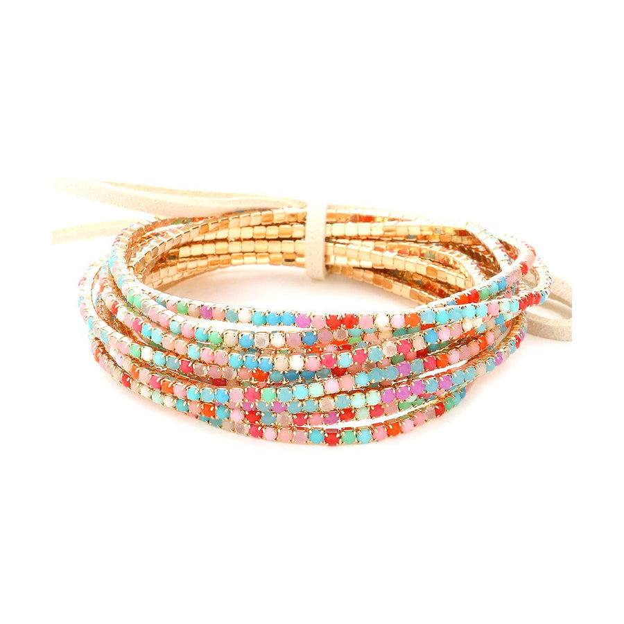 Multi Turquoise Rhinestone Ribbon Layered Stretch Bracelets