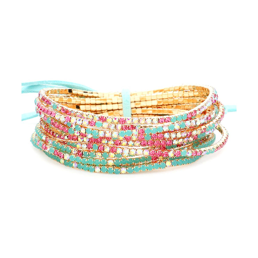 Multi Turquoise Rhinestone Ribbon Layered Stretch Bracelets