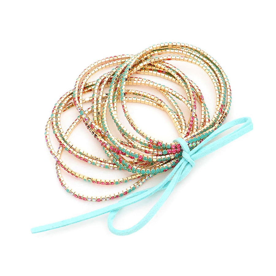 Multi Turquoise Rhinestone Ribbon Layered Stretch Bracelets