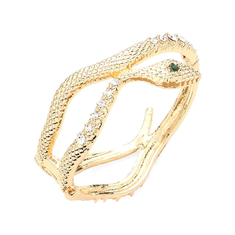 Glittering Gold Pave Stone Snake Head Hinged Bangle Bracelet