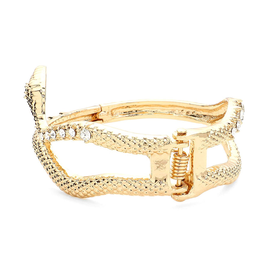 Glittering Gold Pave Stone Snake Head Hinged Bangle Bracelet