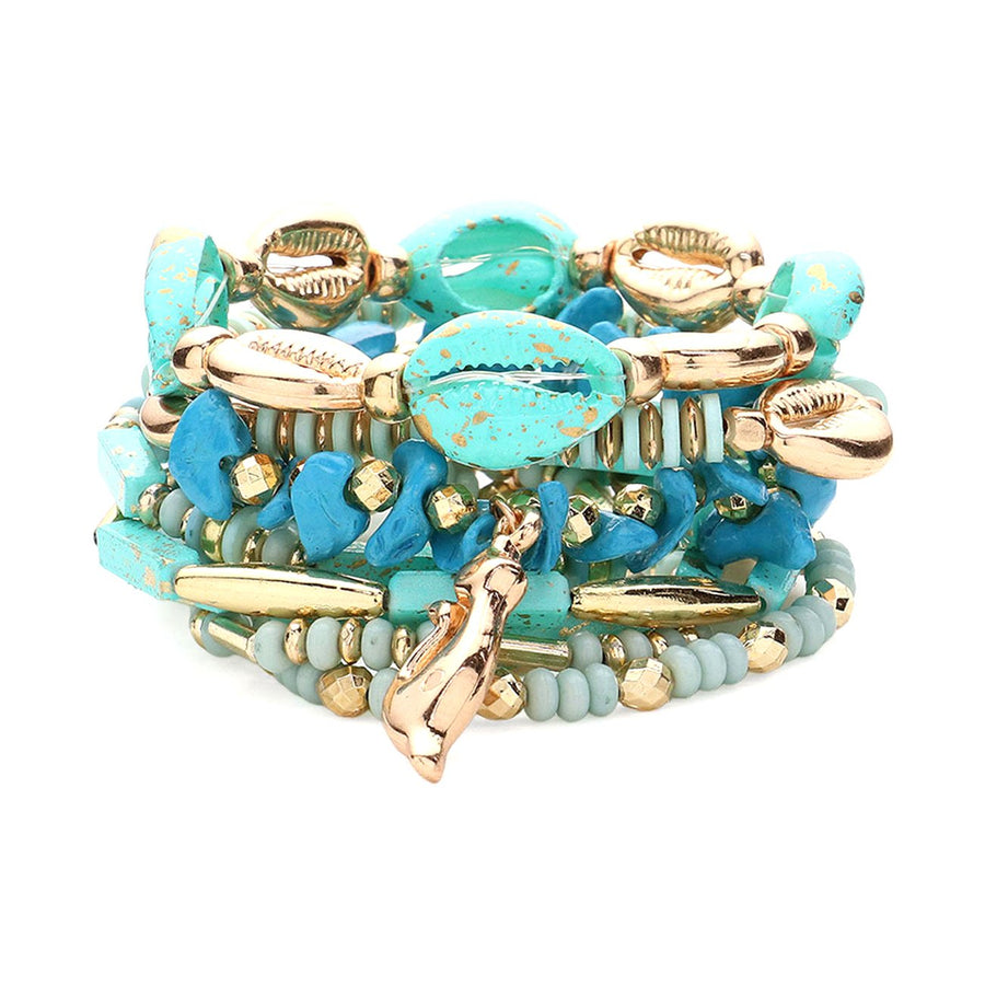 Turquoise Puka Shell Multi Charm Stretch Bracelet