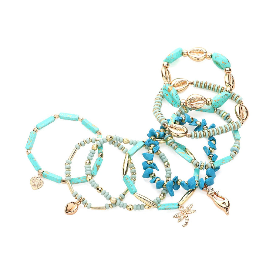 Turquoise Puka Shell Multi Charm Stretch Bracelet