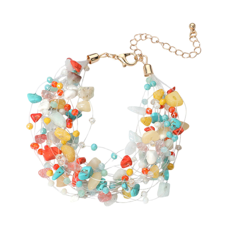 Multi Color Pebble Beads Transparent Thread Layered Strand Bracelet