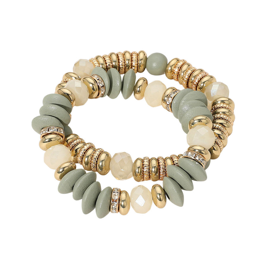 Set of Two Mixed Flat Wood Metal Faceted Beaded Stretch Bracelets