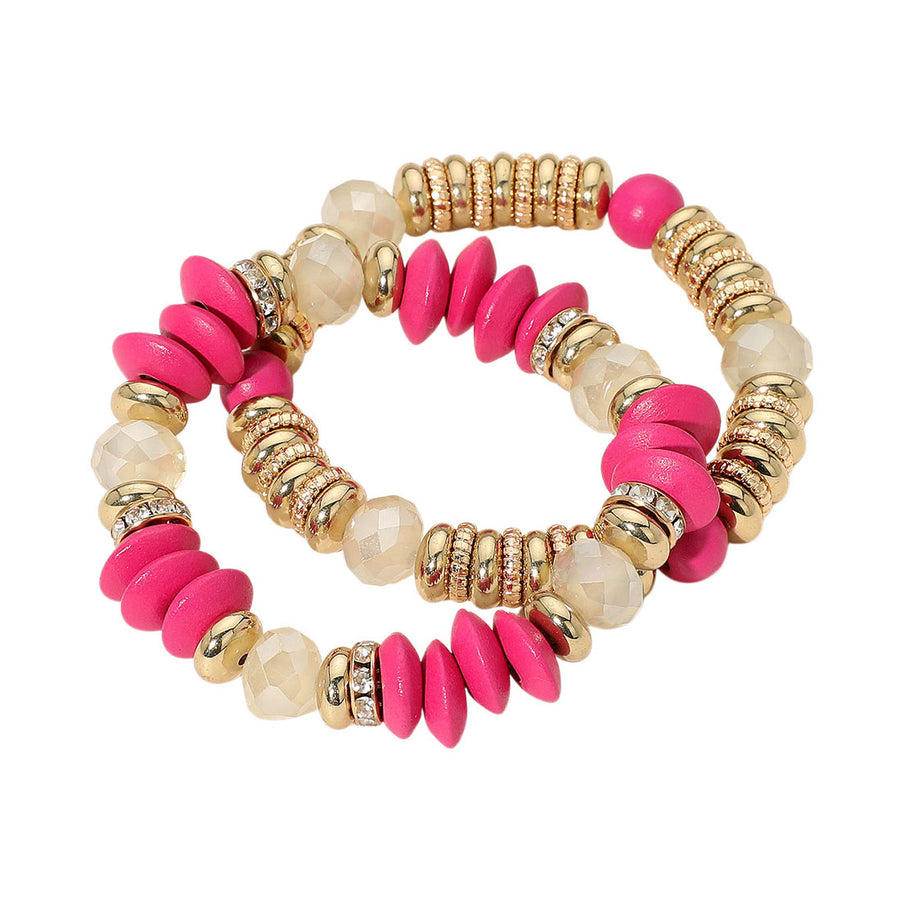 Set of Two Mixed Flat Wood Metal Faceted Beaded Stretch Bracelets