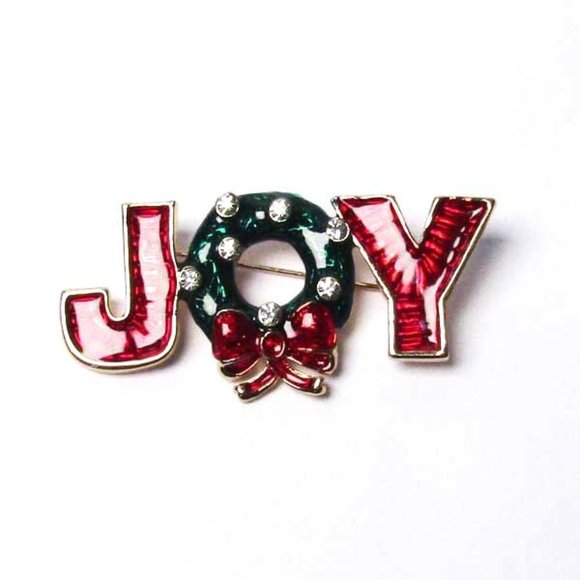 Holiday Red N Green Joy with Wreath Pave Brooch