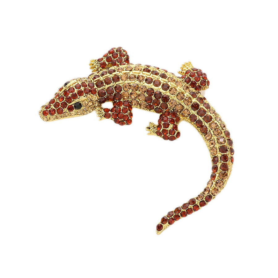 Gold Crystal Pave Crocodile Alligator Pin Brooch