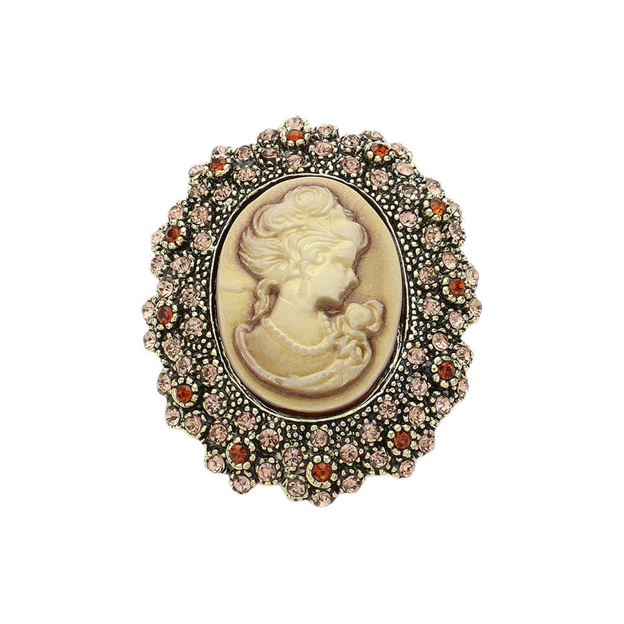 Embellished Brown Rhinestone Cameo Pin Brooch