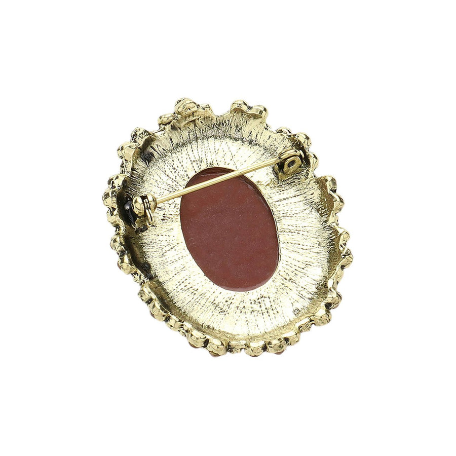 Embellished Brown Rhinestone Cameo Pin Brooch