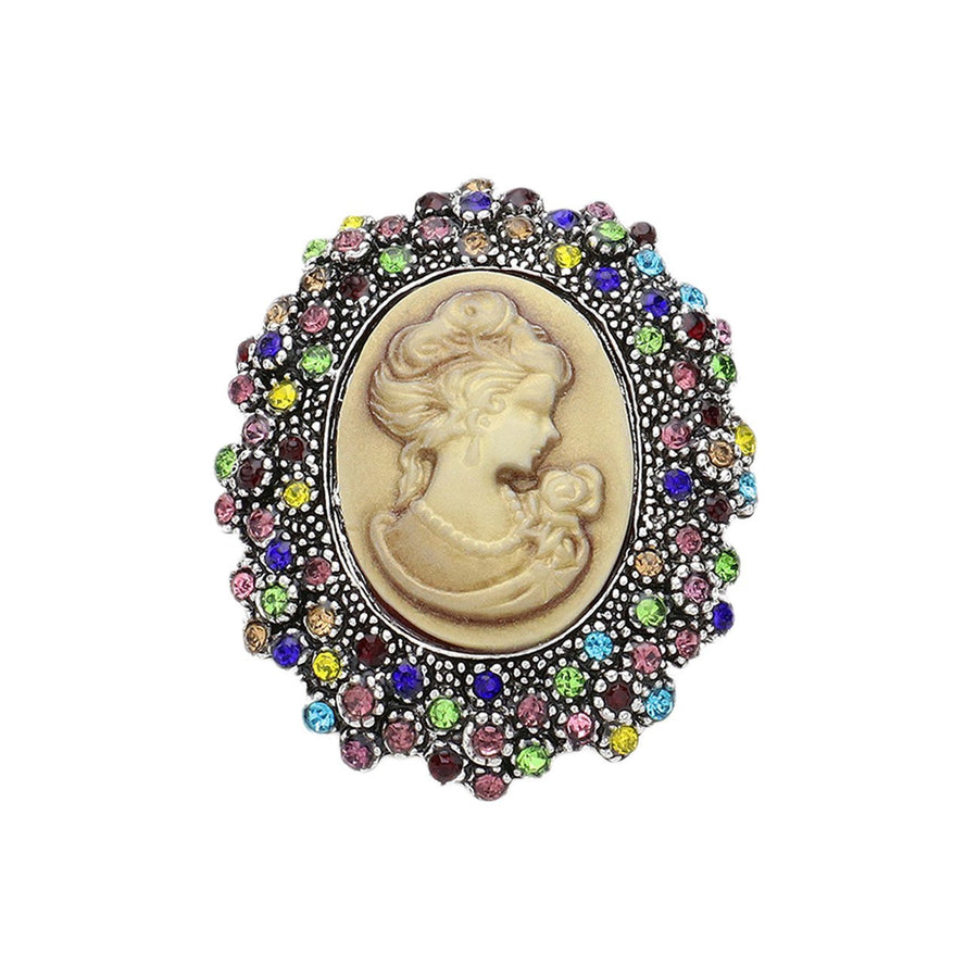 Embellished Brown Rhinestone Cameo Pin Brooch