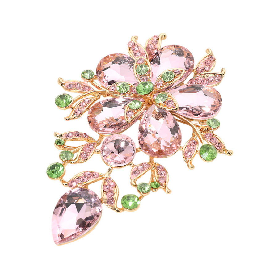 Dazzling Pink Floral Glass Stone Cluster Pin Brooch