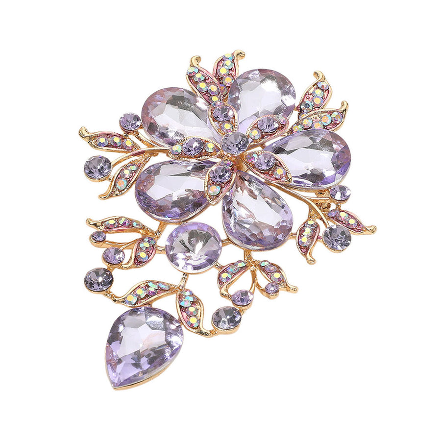 Dazzling Pink Floral Glass Stone Cluster Pin Brooch
