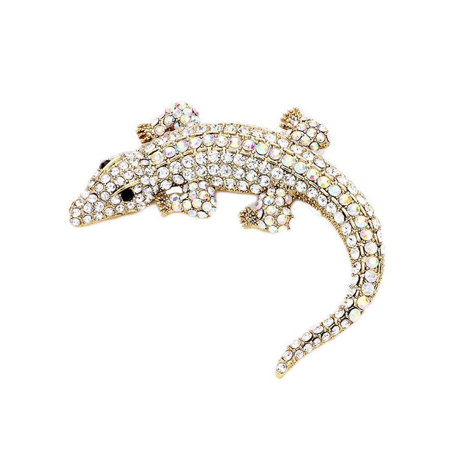 Gold Crystal Pave Crocodile Alligator Pin Brooch