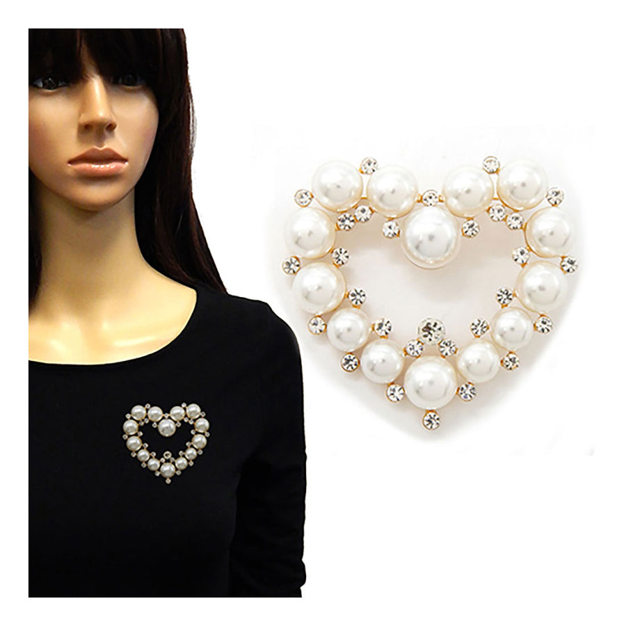 Romantic Cream Pearl Stone Embellished Heart Pin Brooch