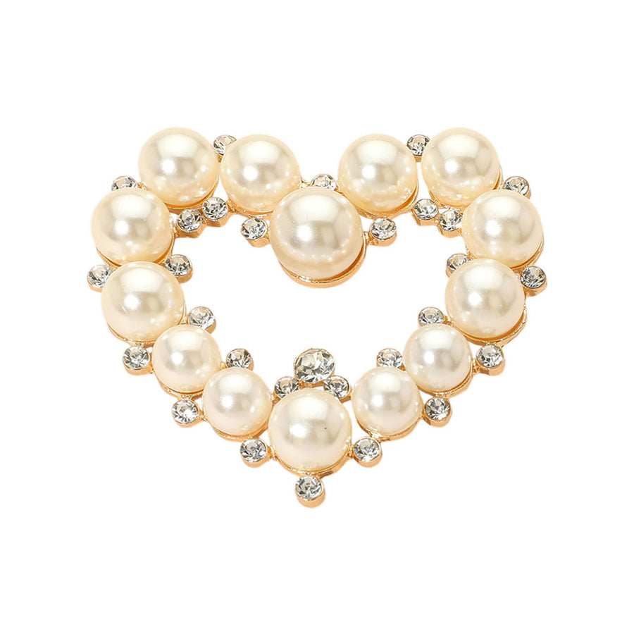 Romantic Cream Pearl Stone Embellished Heart Pin Brooch