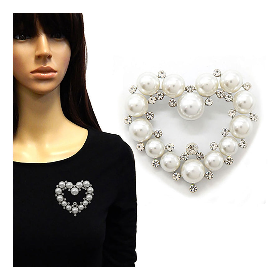 Romantic Cream Pearl Stone Embellished Heart Pin Brooch