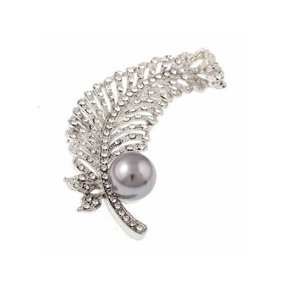 Shimmering Silver Crystal Gray Pearl Leaf Brooch