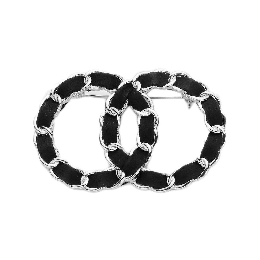 Black Silver Velvet Double Circle Pin Brooch