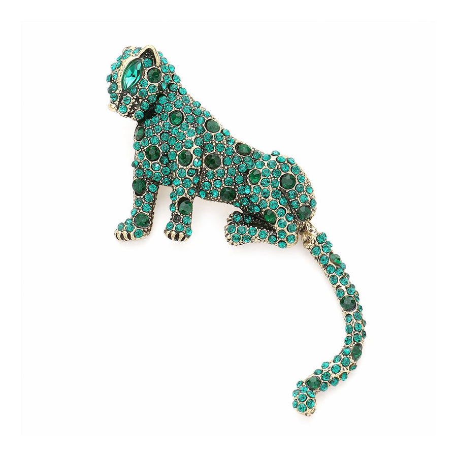 Emerald Stone Embellished Leopard Pin Brooch