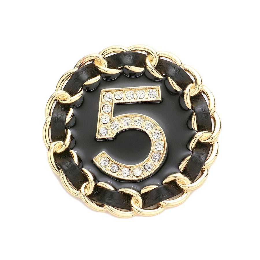 Dazzling Black Gold No. 5 Metal Chain Round Pin Brooch