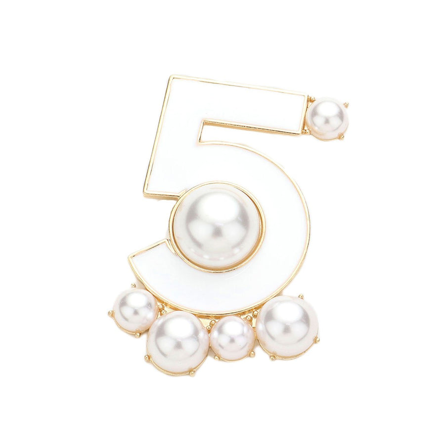 Embellished Pearl Enamel No. 5 Pin Brooch