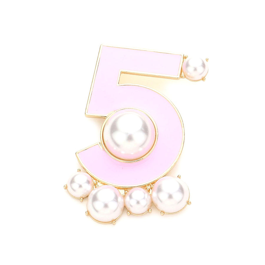 Embellished Pearl Enamel No. 5 Pin Brooch