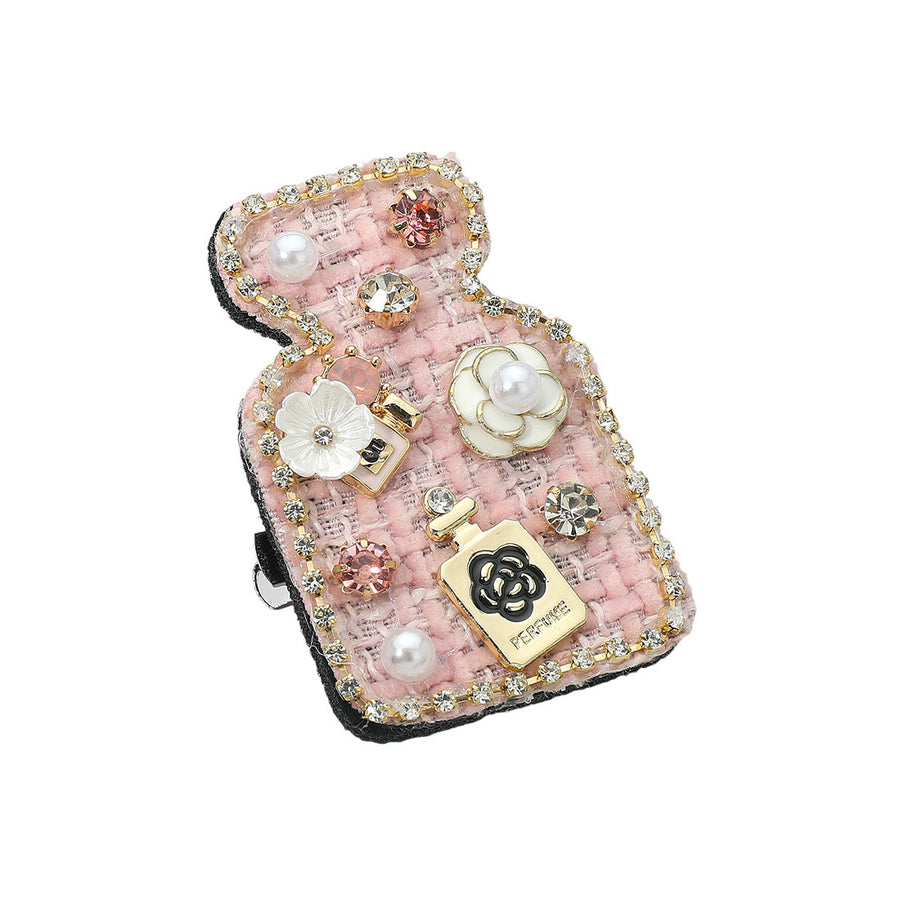 Pink Pearly Floral Embellished Tweed Perfume Bottle Pink Brooch