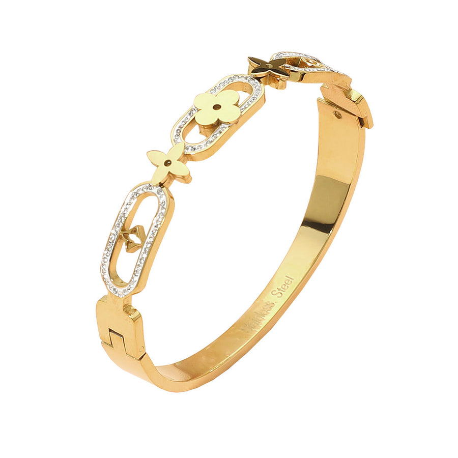 Gold Geometric Clover Motif Stone Paved Link Bangle Bracelet